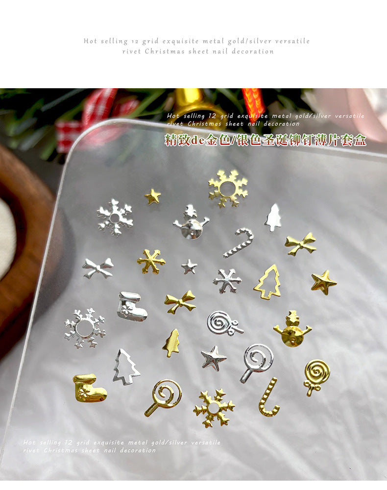 Christmas Rivet Nail Art Jewelry Long Box Special-Shaped Snowflake Alloy Flats Bottom Diamond Metal Nail Jewelry Stickers 12 Grids