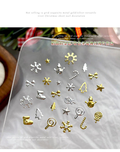 Christmas Rivet Nail Art Jewelry Long Box Special-Shaped Snowflake Alloy Flats Bottom Diamond Metal Nail Jewelry Stickers 12 Grids