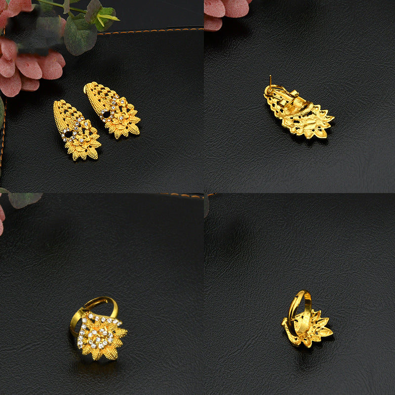 24K Gold Dubai Explosions Bride Four-piece Flower Rhinestone Jewelry Alloy Necklace Bracelet Earrings Ring