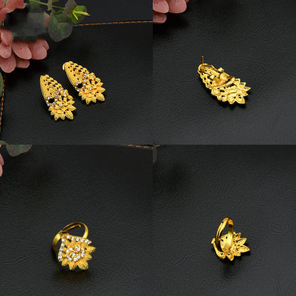 24K Gold Dubai Explosions Bride Four-piece Flower Rhinestone Jewelry Alloy Necklace Bracelet Earrings Ring