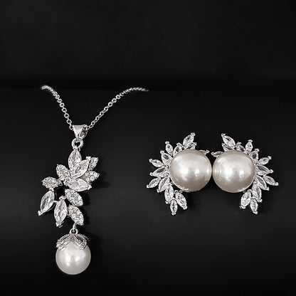 Korean version of high-end hot-selling jewelry European and American luxury pearl zircon inlay necklace earrings e6068-x6063