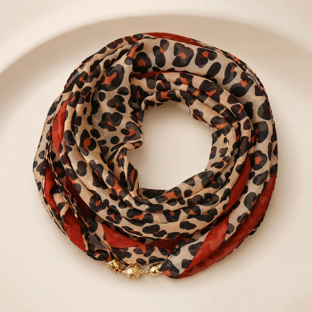 63x63cm Leopard Print Square Scarf for Women with Magnetic Clasp Lightweight Chiffon Neck Scarf Fashion Accessory