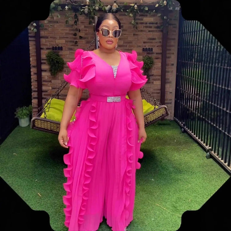 Plus Size Women V-neck Ruffle Jumpsuit White Ruffle Chiffon Wide-leg Rhinestone Belt Pleated Summer Elegant Casual Party Outfit