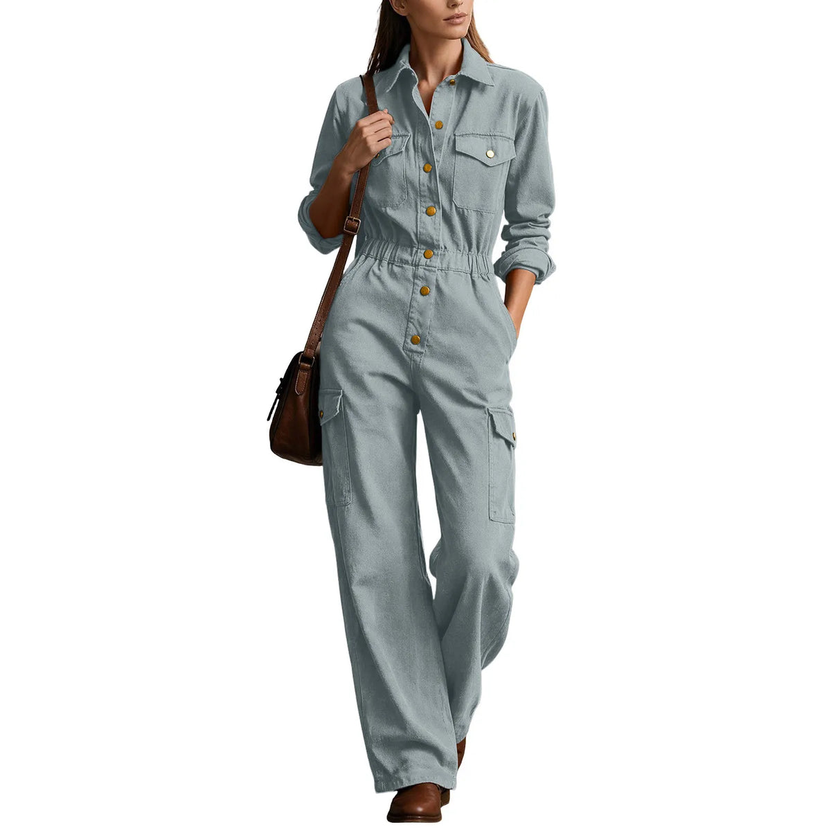 Casual Lapel Button High Waist Romper Autumn Fashion Lady Pocket Playsuits Overalls Vintage Long Sleeve Wide Leg Jumpsuits