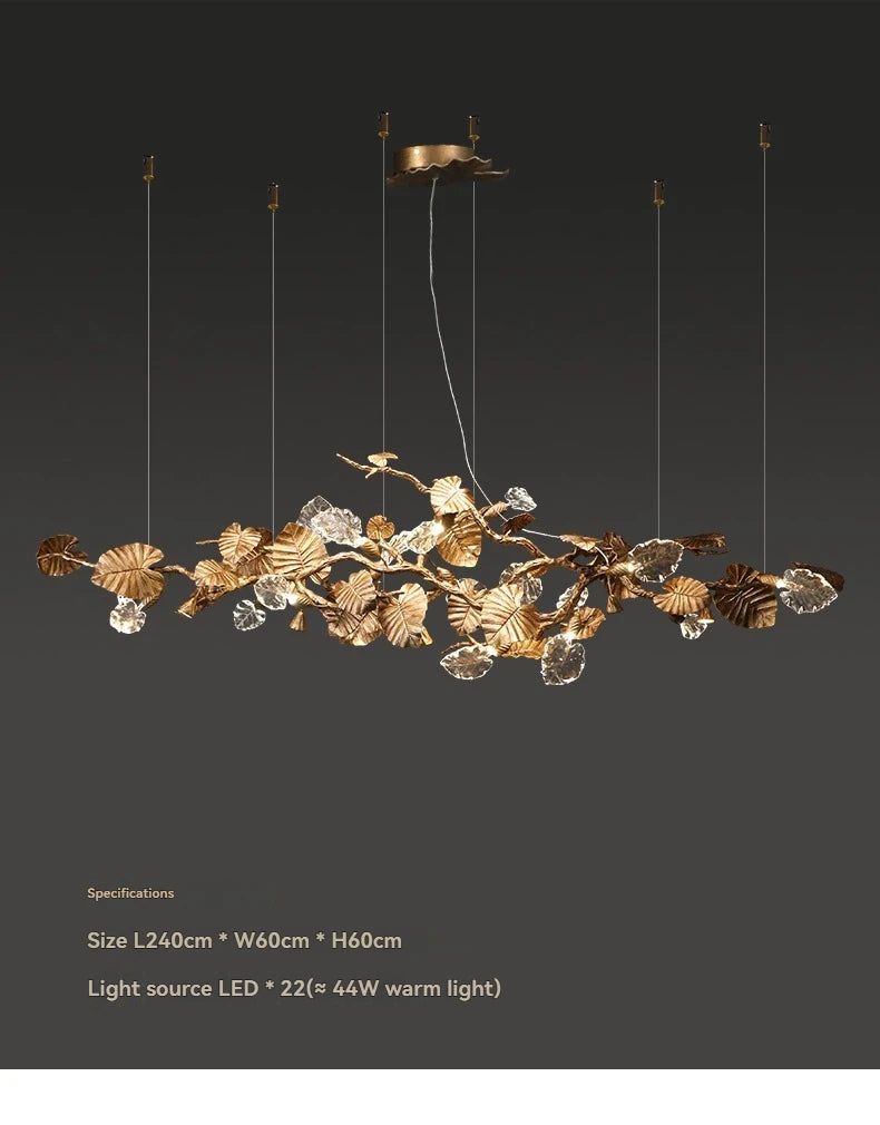 Luxury Copper Branch Chandelier Dining Table Retro Restaurant Light with Leaf Crystal Pendant Lamp Living Room Bar Kitchen Vila