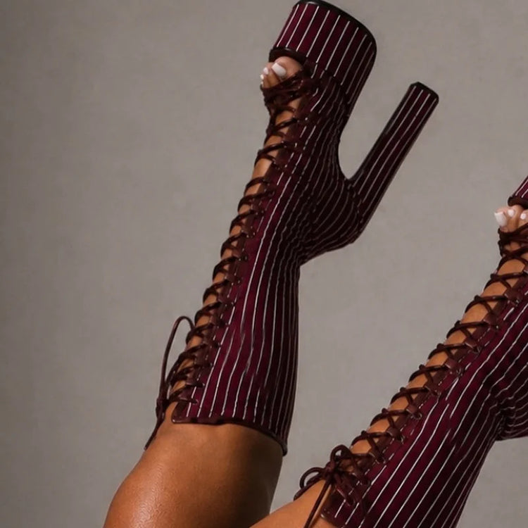 Striped Lace Up Hollow Out Platfrom Sandal Boots Sexy Round Toe Square Heel Customized New Arrivals Fashion Women Modern Shoes