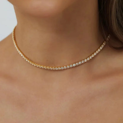 Trendy 4mm Moissanite Cz Tennis Necklace For Women 18K Gold Sparking Rhinestone Choker Chain Wedding Jewelry
