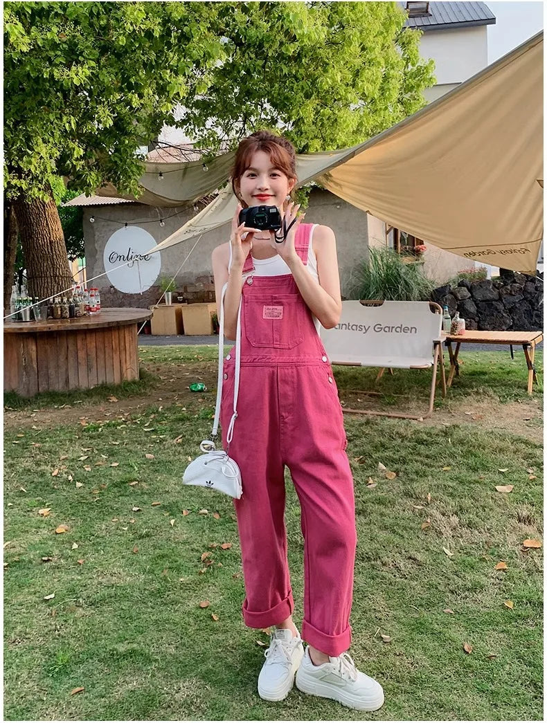 Vintage Pink Denim Overalls Adjustable Strap Wide Leg Jumpsuit Y2K Cute Campus Casual Pants