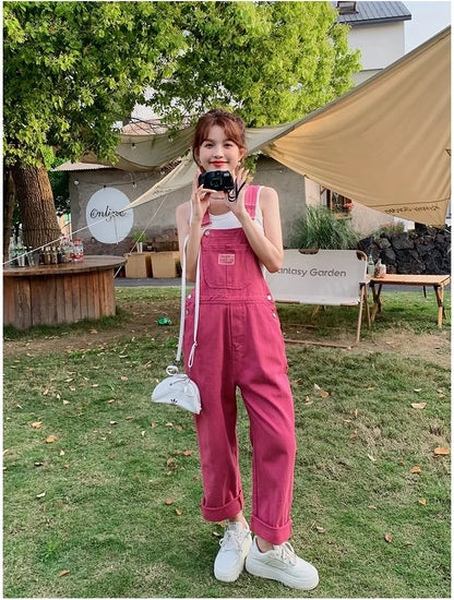 Vintage Pink Denim Overalls Adjustable Strap Wide Leg Jumpsuit Y2K Cute Campus Casual Pants