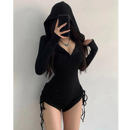 Women's Jumpsuits Y2k Shorts Playsuits 90s Vintage Slim Casual Sexy Bodysuits Long Sleeves Aesthetic Punk Korea Hooded With Hat