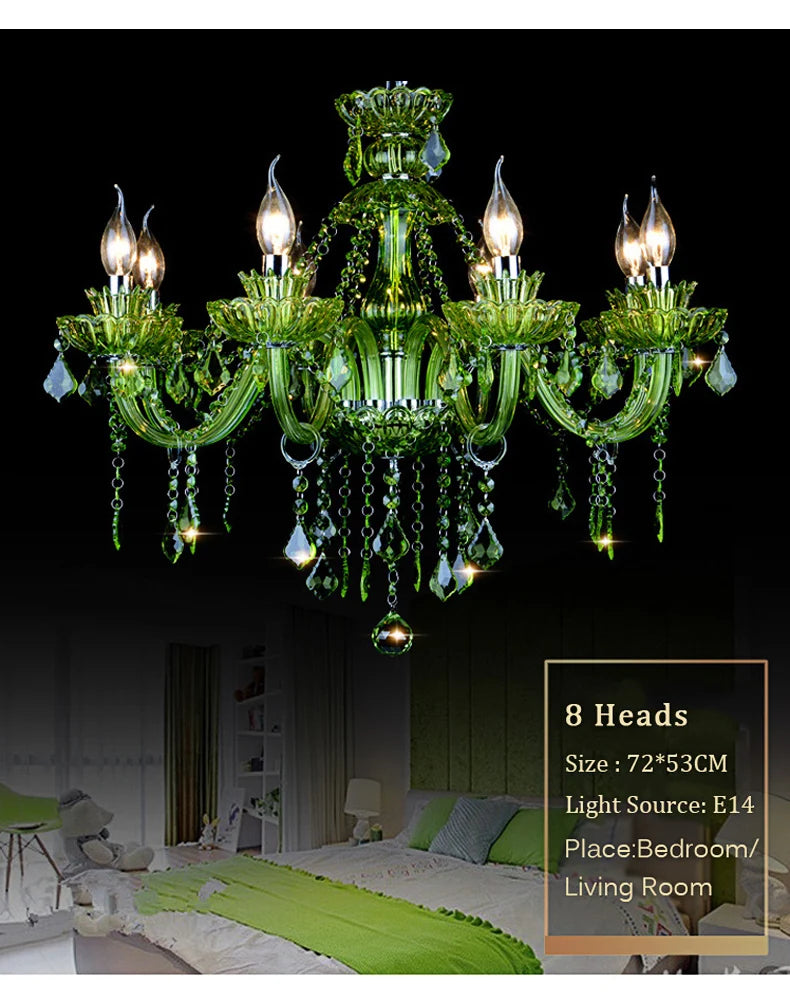 European Green Crystal Living Room Bedroom Candle Chandelier Restaurant Cafe Hotel Lobby Ceiling Decoration E14 Pendent Lights