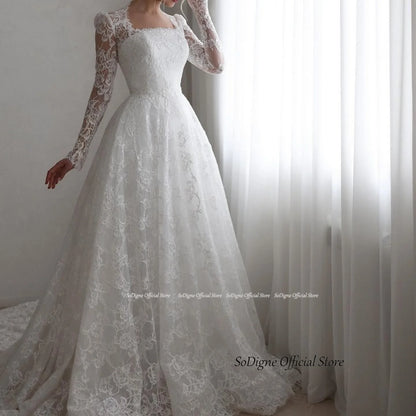 SoDigne A-line Boho Lace Wedding Dress Full Sleeves Square Collar Bride Dresses Long Bridal Gowns Vestidos De Novia Customized