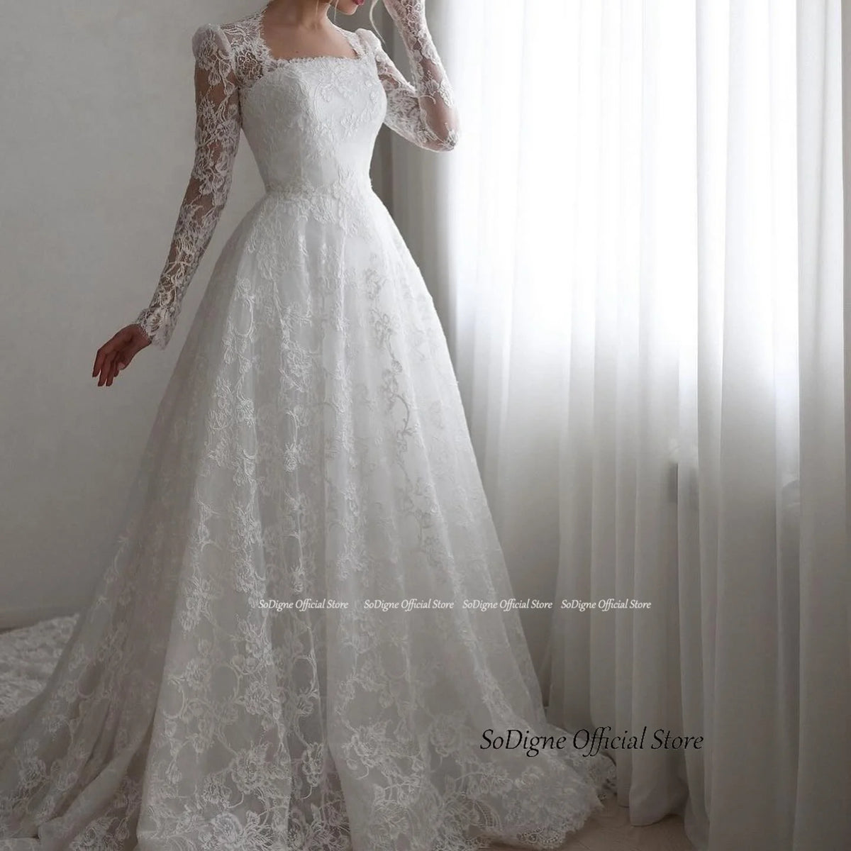 SoDigne A-line Boho Lace Wedding Dress Full Sleeves Square Collar Bride Dresses Long Bridal Gowns Vestidos De Novia Customized