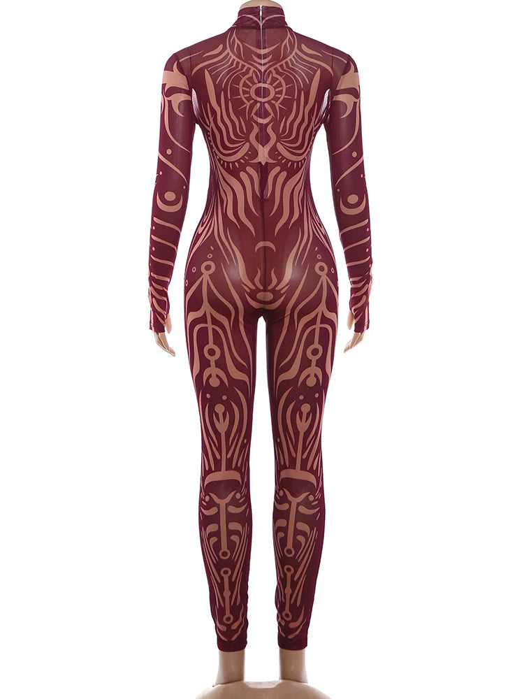 Weird Puss Sexy Striped Print Jumpsuits Women Wild Style Turtleneck Full Sleeve Midnight Party Club Stretch Streetwear Overalls