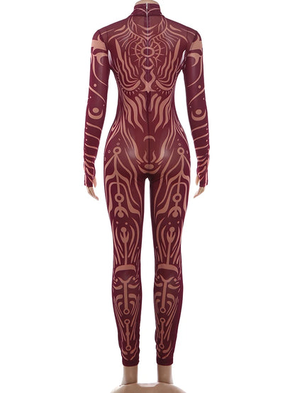 Weird Puss Sexy Striped Print Jumpsuits Women Wild Style Turtleneck Full Sleeve Midnight Party Club Stretch Streetwear Overalls