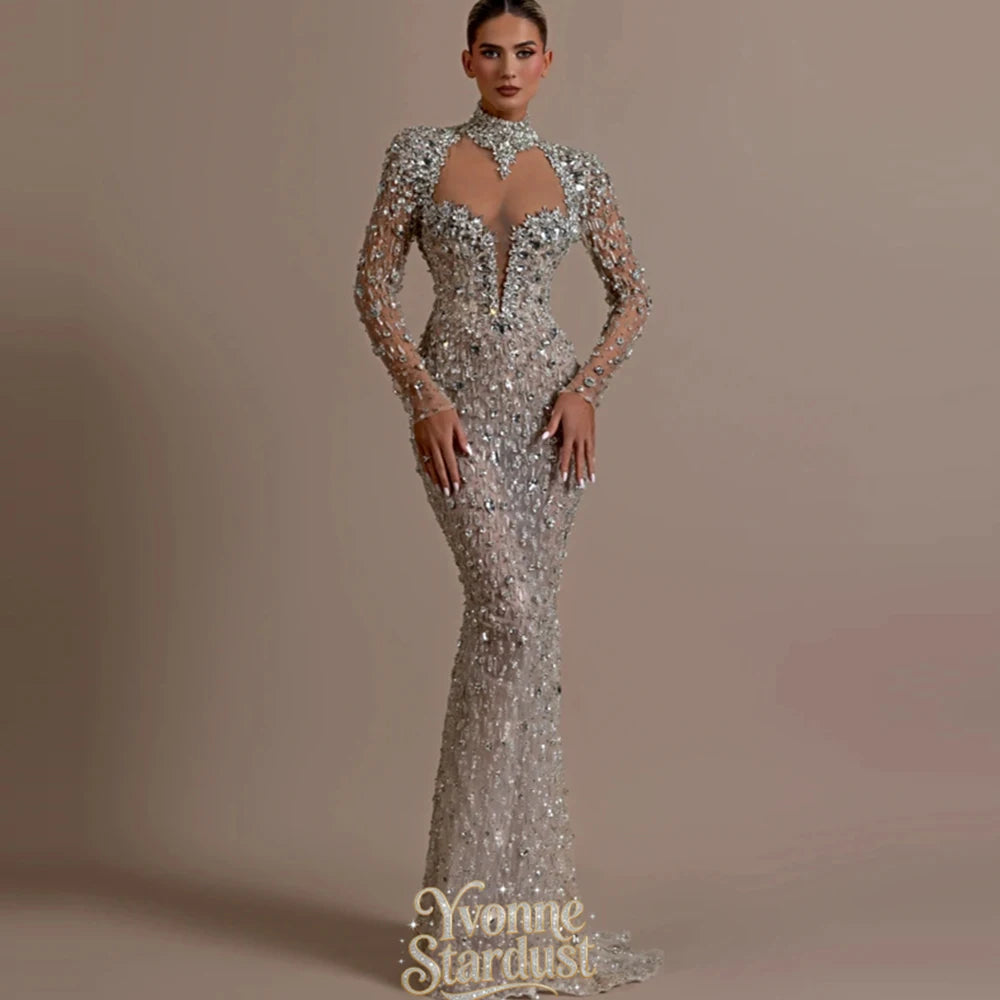 Yvonne Evening Dress Silver Charming See Through Corset Luxurious Crystals Elegant Prom Gown Backless Vestidos Fiesta Customized