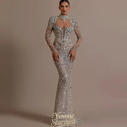 Yvonne Evening Dress Silver Charming See Through Corset Luxurious Crystals Elegant Prom Gown Backless Vestidos Fiesta Customized