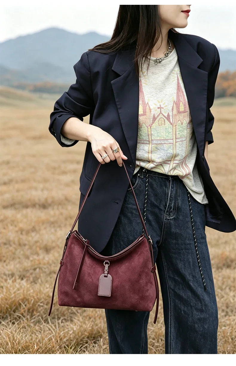 Winter Women's Natural Suede Leather Classic Underarm Bag Female Soft Cowhide Durable Handbags Ladies Luxury Designer Bags