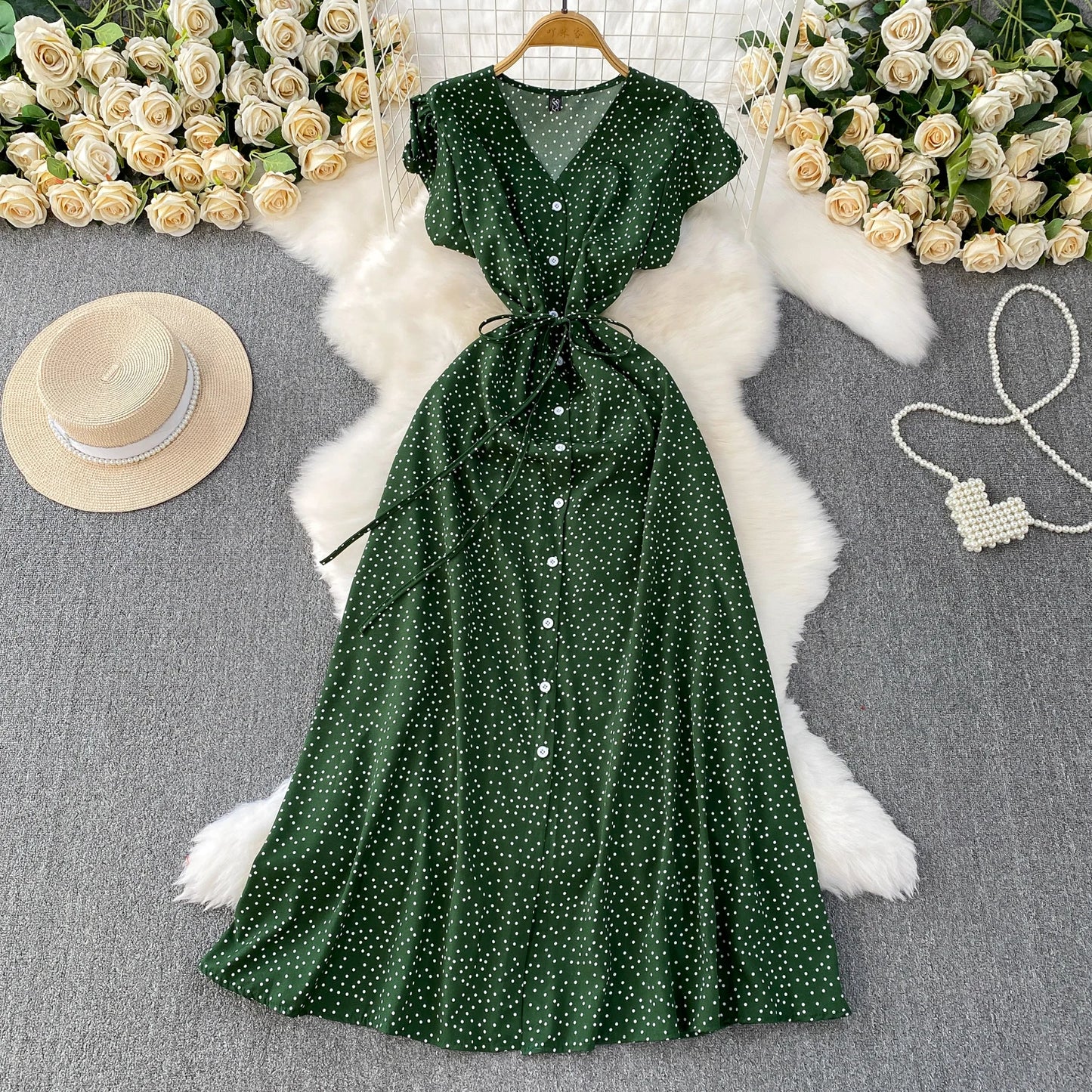 Summer Women Polka Dot Long Dress Vintage V-Neck Flying Sleeve High Waist Single Breasted A-Line Casual Vestidos Female Robe New