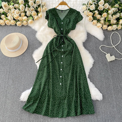 Summer Women Polka Dot Long Dress Vintage V-Neck Flying Sleeve High Waist Single Breasted A-Line Casual Vestidos Female Robe New