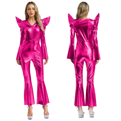 Women Vintage One Piece 70s Disco Dance Rompers Sleeveless Metallic Bell Bottom Flared Pants Jumpsuit for Retro Party Jazz Dance