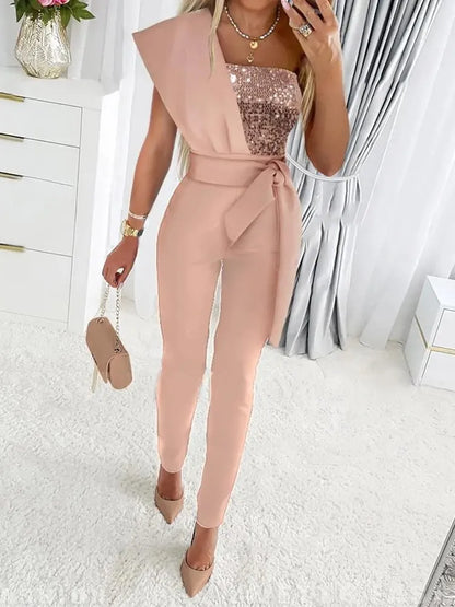 Elegant Women Sequins Patchwork Bodycon Jumpsuit Summer Fashion One Shoulder Prom One Piece Belt Trouser Overalls Jumpsuits