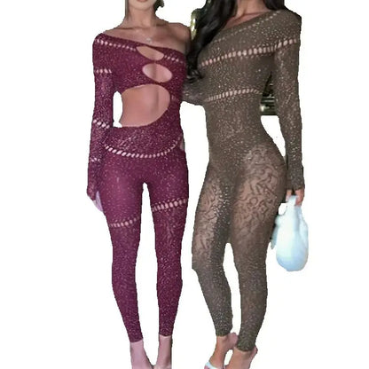 Whatiwear Rhinestones Patchwork Jumpsuit Women Sexy Hollow Skew Collar Single Sleeve Hottie Midnight Club Party Coquett Overalls