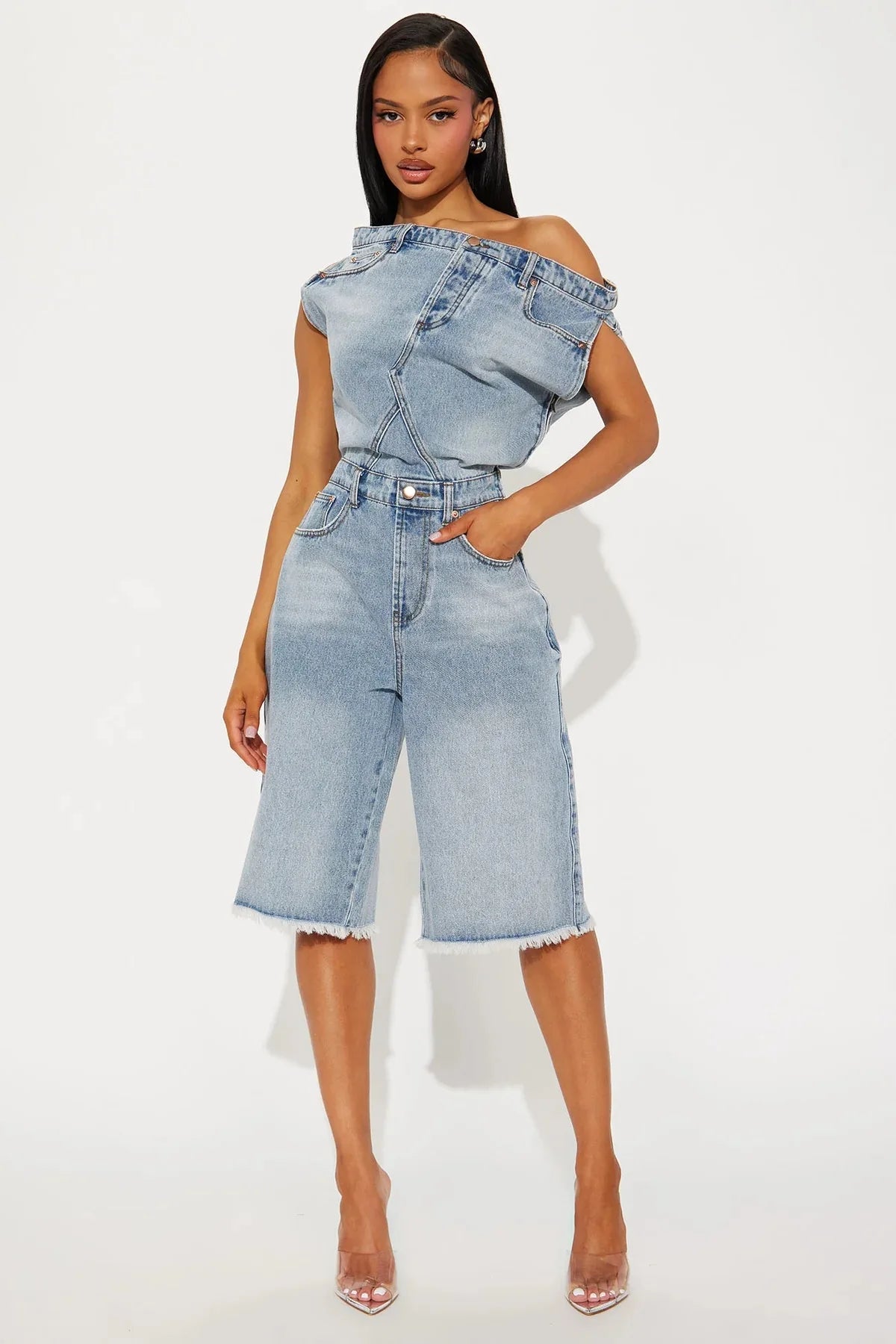 Jumpsuits Women Denim One Piece Short Sleeve Overalls Knee Length Pants Tight Waist Rompers Y2k Streetwear Slash Neck 2026
