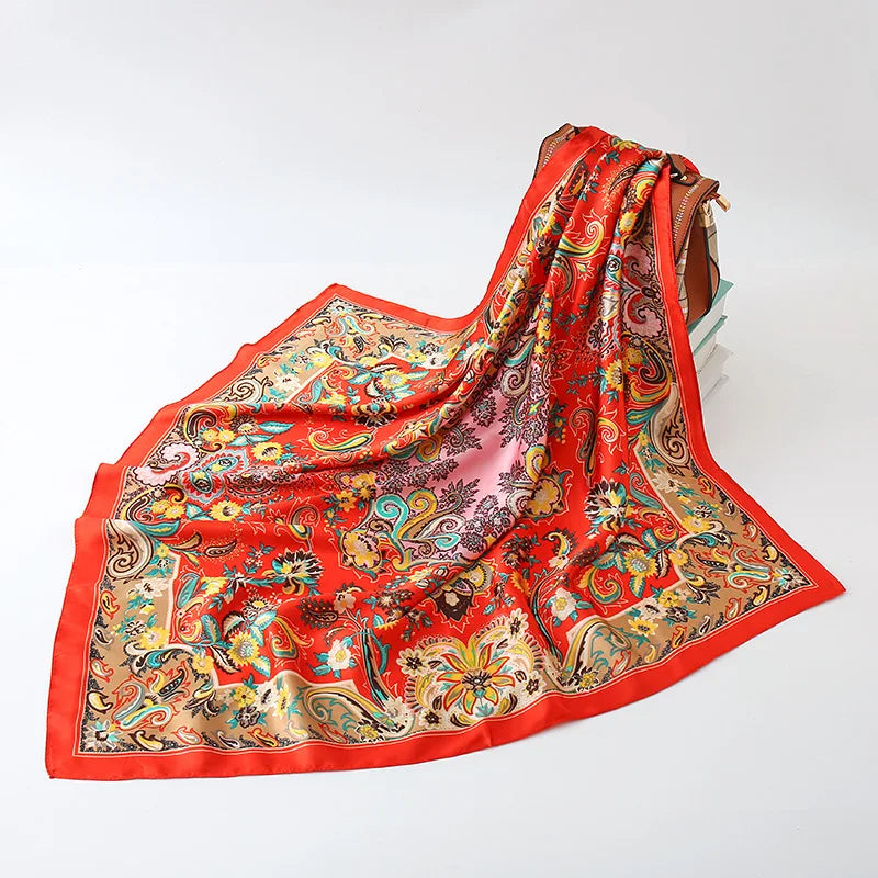 90cm Square Silk Scarf Women Luxury Brand Satin Print Hijab Scarves Muslim Pareo Bandana Female Shawl Wrap Headband Foulard New
