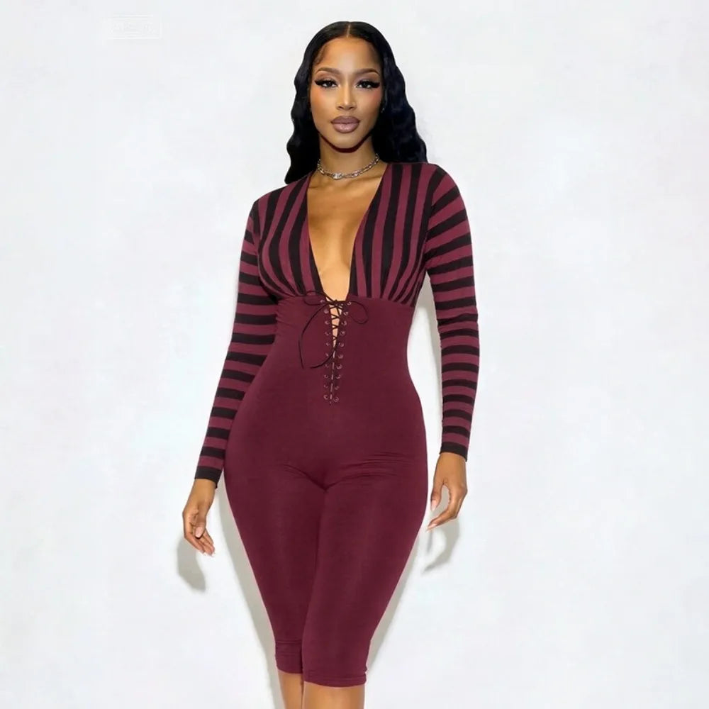 FLARORA Trend Stripe Color Blocking Jumpsuits Woman Deep V Neck Full Sleeve Bandage Skinny Peach Hip Sexy Party Club Overalls