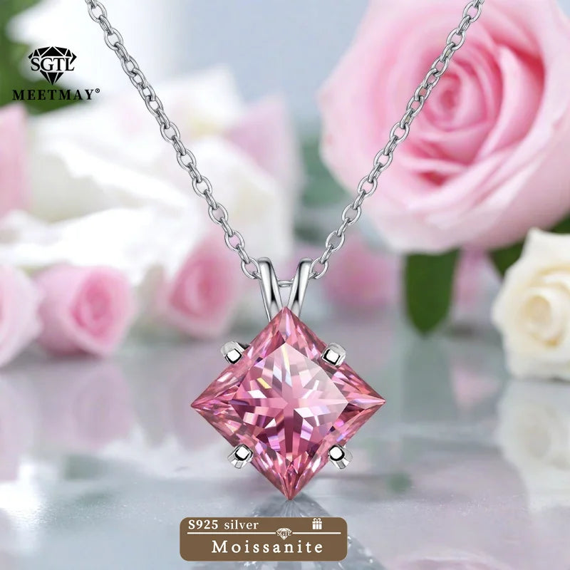 BOCARMAN S925 Sterling Silver Necklace with Colorful Princess Cut Moissanite Inlay Clavicle Chain Pendant for Women Gift
