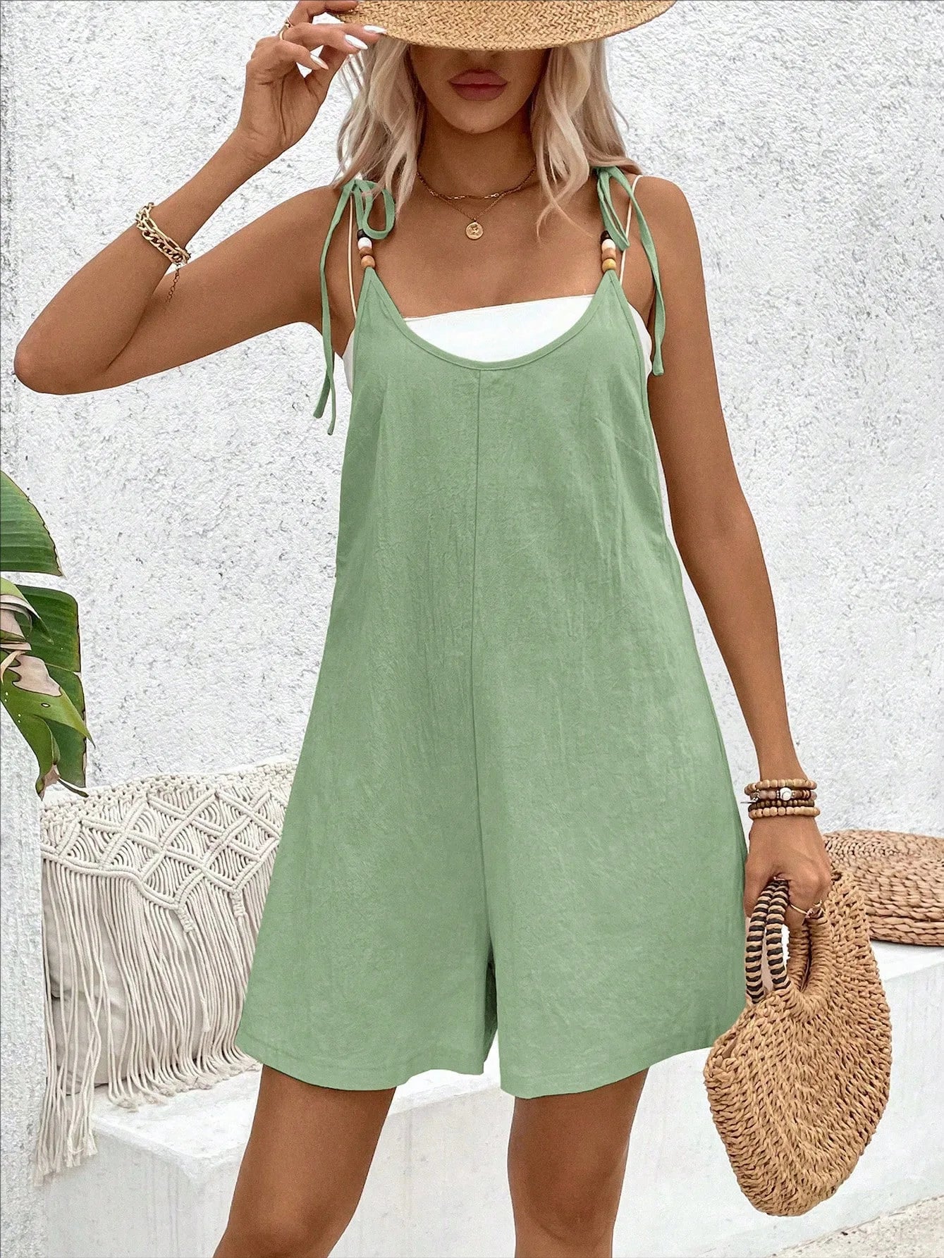 Women's spaghetti strap suspender shoulder short jumpsuit solid color loose wide leg jumpsuit summer casual beach style