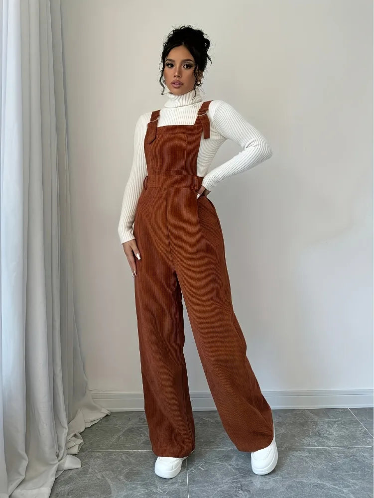 Women Casual Jumpsuit Corduroy Wide Shoulder Straps Button Detail Solid Color Relaxed Fit Autumn Winter Hand Wash Only