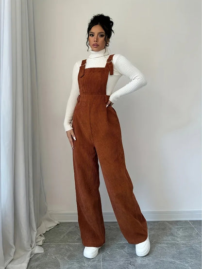 Women Casual Jumpsuit Corduroy Wide Shoulder Straps Button Detail Solid Color Relaxed Fit Autumn Winter Hand Wash Only