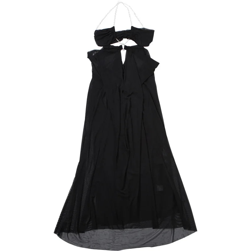 Prom Party Gown Dress Woman Sexy See Through Luxury Chain Halter Low-Neck Backless Sleeveless Midnight Elegant Vestidos