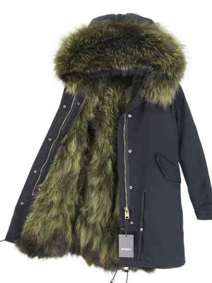 Real Fur Coat Winter Jacket Women Long Parka Waterproof Big Natural Raccoon Fur Collar Hood Thick Warm Real Fox Fur Liner coat
