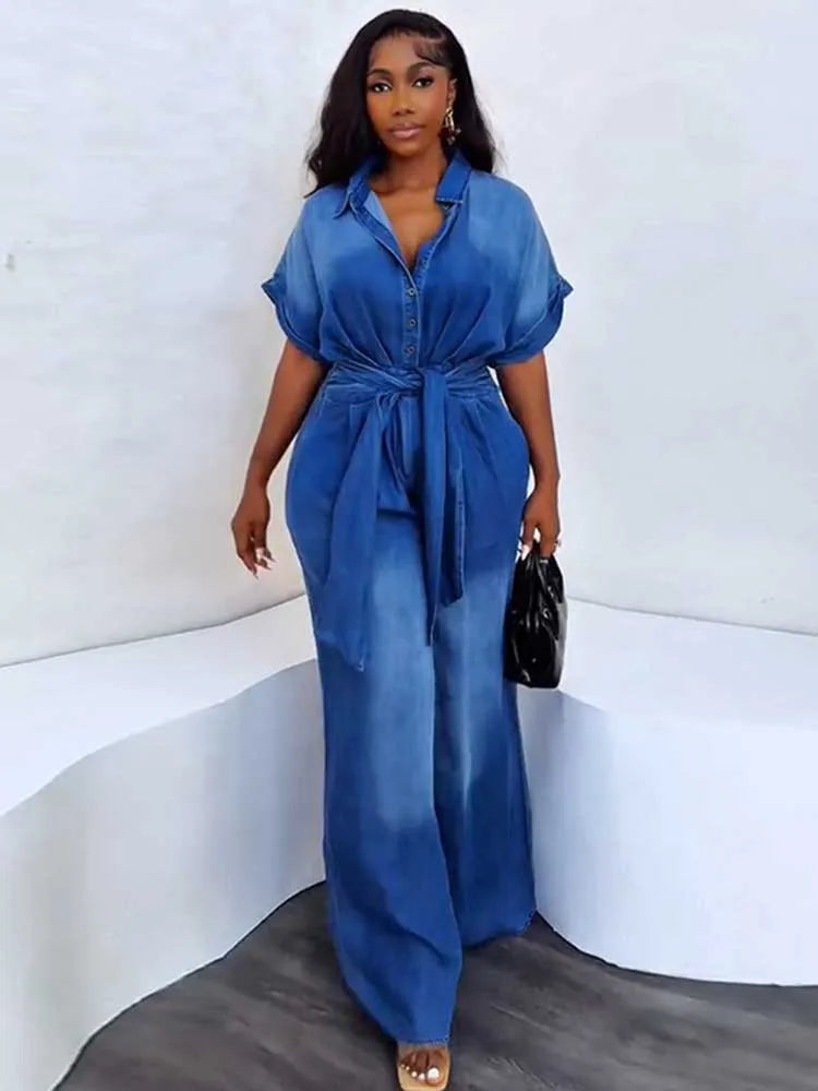 Denim Jumpsuits for Women Soft Denim Fabric One Piece Jumpsuit High Waist Blue Wide Jumpsuit with Pockets Ladies Summer Outfits