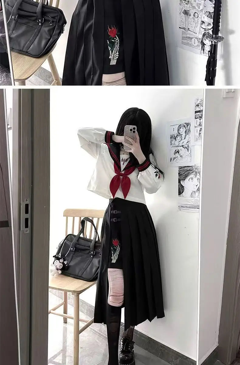 Dark Japanese Bad JK Uniform Long-sleeved Girl Orthodox Sailor Suit Role Play Handsome Long Skirt School Uniform Embroidery