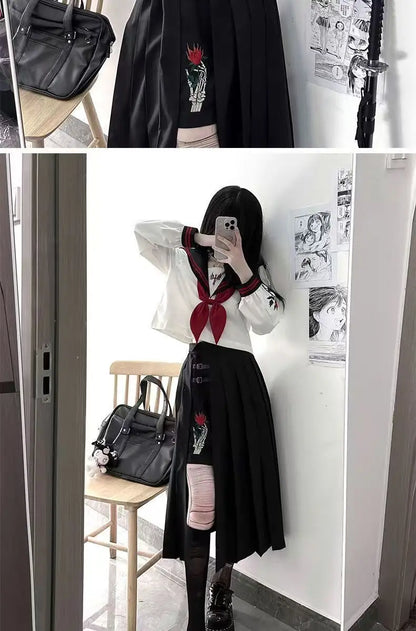 Dark Japanese Bad JK Uniform Long-sleeved Girl Orthodox Sailor Suit Role Play Handsome Long Skirt School Uniform Embroidery