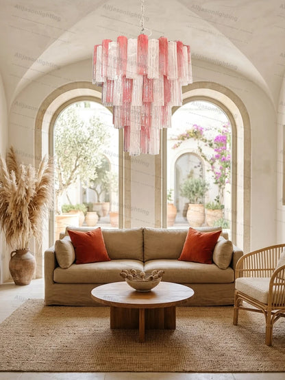 Elevate Your Living Room With Our Textured Pink White Glass 2026 Chandelier High-end Pendant Light Gold Chrome Dimming Function
