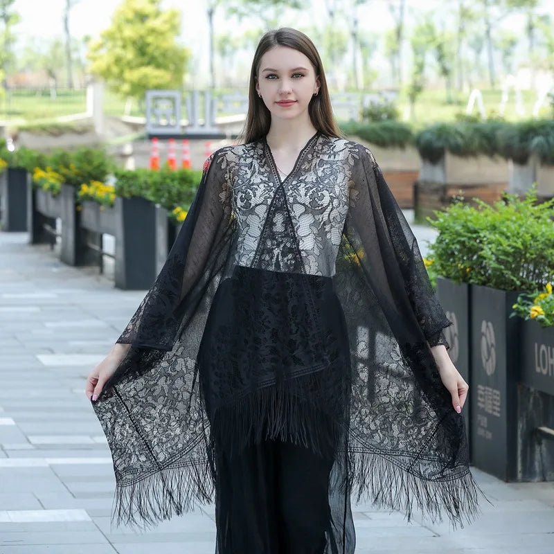 New Leakage Cardigan Shawl Lace Tassel Women's Fashion Versatile High-End Solid Color Hollow Tourism Vacation Beach Cape Sunscre