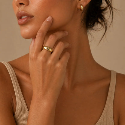 Minimalist Gold Plated Diamond Pattern Dome Ring Geometric Chunky Wide Rings Temperament Classic Wedding Jewelry Everyday Wear