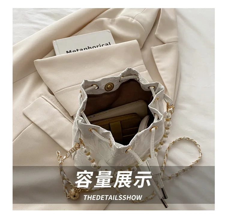 Sweet Butterfly Women Drawstring Bucket Shoulder Bags Versatile Ladies Crossbody Bag Clutch Fashion Girls Pearl Chain Handbags