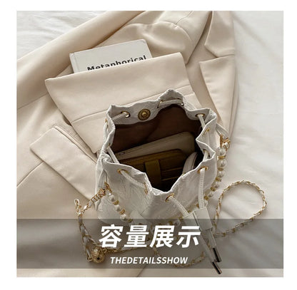 Sweet Butterfly Women Drawstring Bucket Shoulder Bags Versatile Ladies Crossbody Bag Clutch Fashion Girls Pearl Chain Handbags