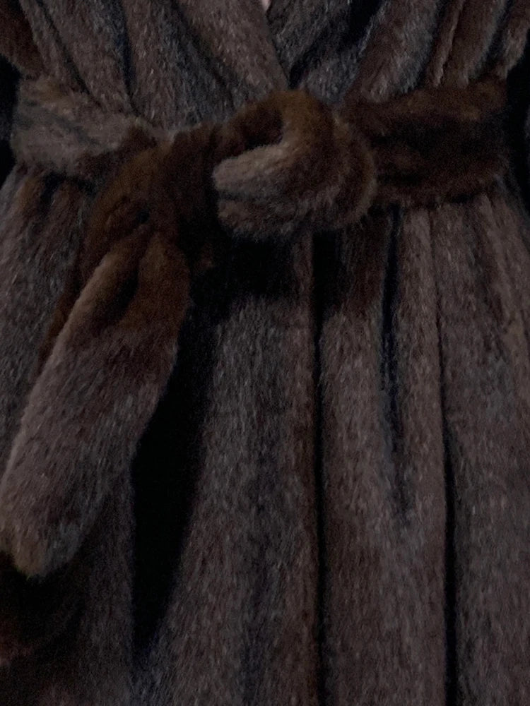 Mauroicardi Winter Long Thick Warm Brown Skirted Faux Mink Fur Coat Women Shawl Collar Sashes Elegant Luxury Furry Overcoat 2025