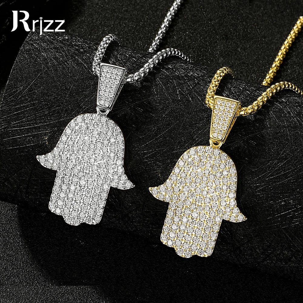 Rrjzz Full Moissanite Hip Hop Iced Out Thick 3mm Round Box Chain Palm Pendant Mens Necklace Street Style Party Fine Jewelry Gift
