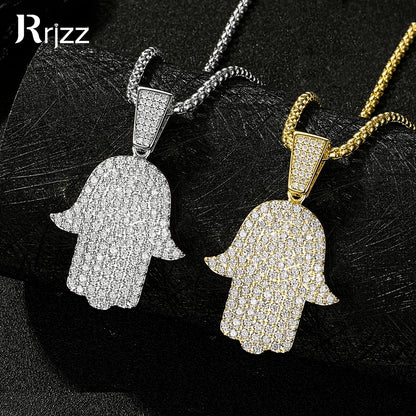 Rrjzz Full Moissanite Hip Hop Iced Out Thick 3mm Round Box Chain Palm Pendant Mens Necklace Street Style Party Fine Jewelry Gift