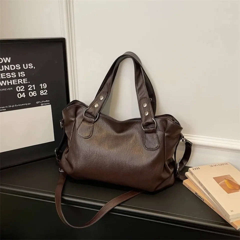 Rivet Punk Large Capacity Handbags Top Quality Sturdy Soft Leather Casual Tote Bag Shoulder Crossbody Bags Daily Commute Travel