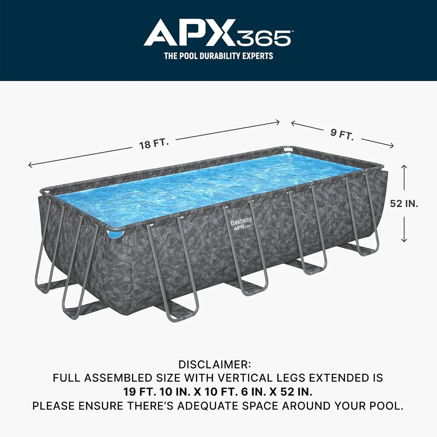 APX 365 18' x 9' x 52" Above Ground Pool, Rectangular Metal Frame Outdoor Swimming Pool Set with Sand Filter Pump,, Customized