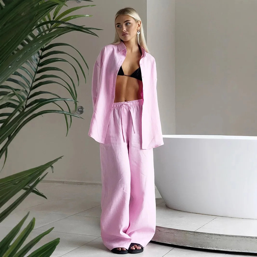 Casual Lapel Shirt Pants Suits Fashion Single Breasted Blouses Elastic Waist Pants 2026 Spring Sets Woman 2 Piece Loose Outfits